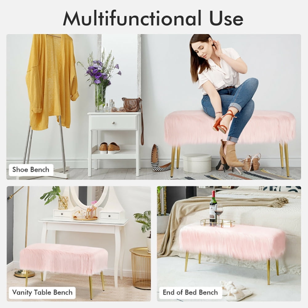 Finihen Upholstered Faux Fur Vanity Stool Chair, Footstool Ottoman, Vanity Stool with Golden Metal Legs, Decorative Furniture Footrest, for Makeup Room, Living Room, Bedroom, Pink