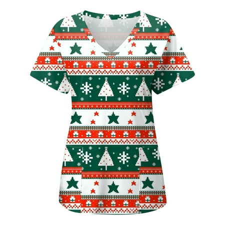 

Workout Tops for Women Going Out Tops for Women Womans Plus-size Casual Tops S-2XL Short Sleeve V-neck Christmas Print Overalls with Pocket Tops Western Shirts for Women Green M