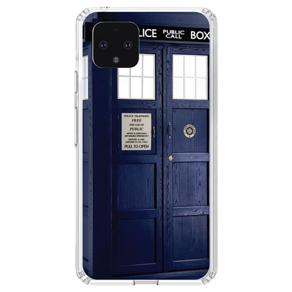 DistinctInk Clear Shockproof Hybrid Case for Google Pixel 4 XL (6.3" Screen) - TPU Bumper, Acrylic Back, Tempered Glass Screen Protector - TARDIS Police Call Box