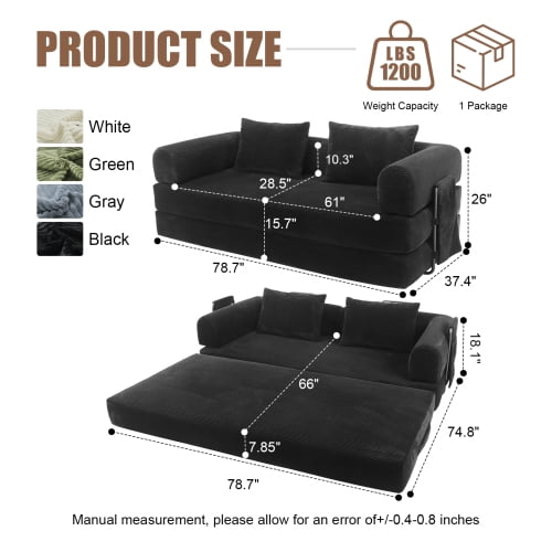 78" Corduroy Convertible Sleeper Sofa Bed, Boneless Futon Couch Floor Lounger Loveseat with Pull Out Mattress, Black