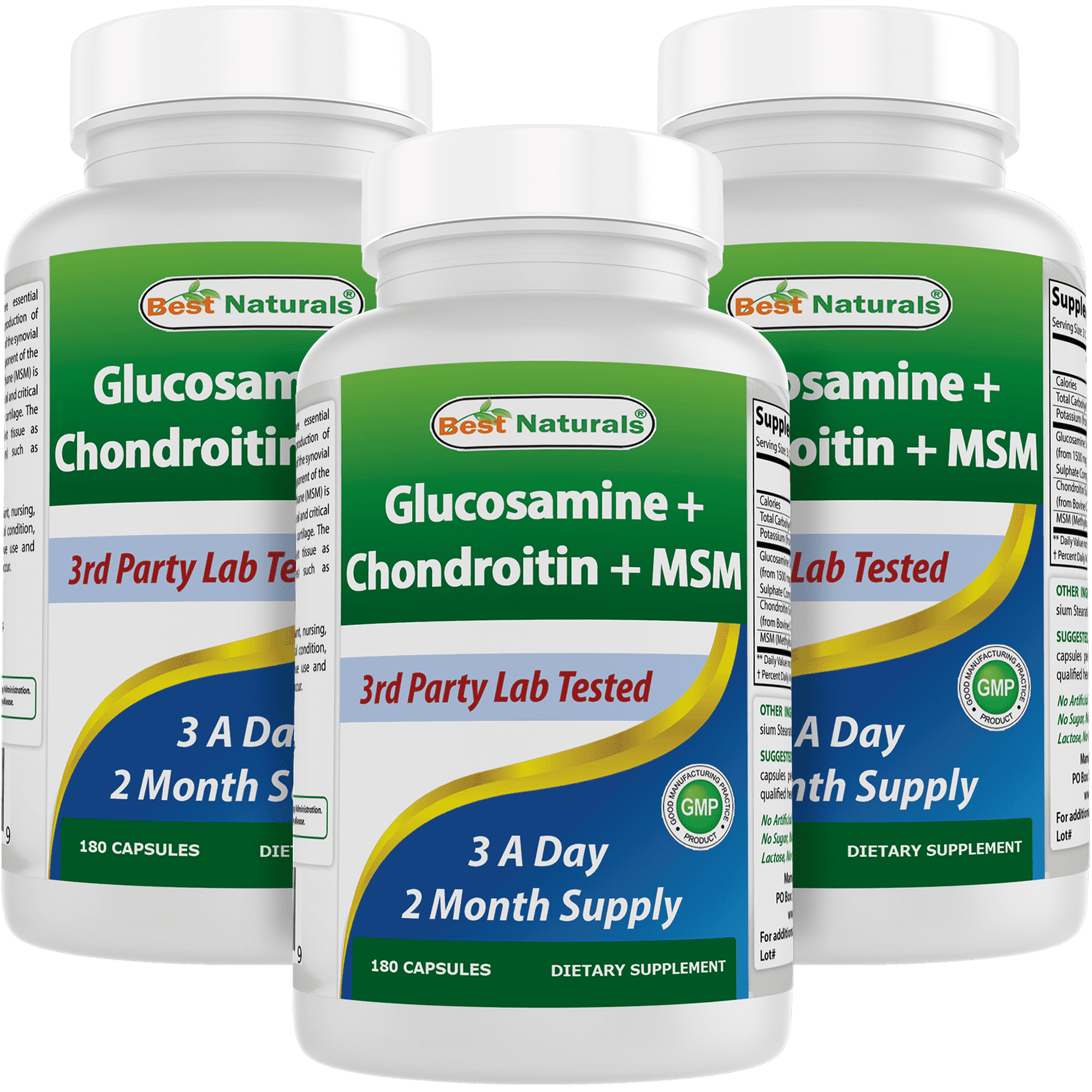 Best Naturals Glucosamine Chondroitin MSM Capsules, Joint Support Supplement, Gluten-Free, 3 Pack, 180 Ct