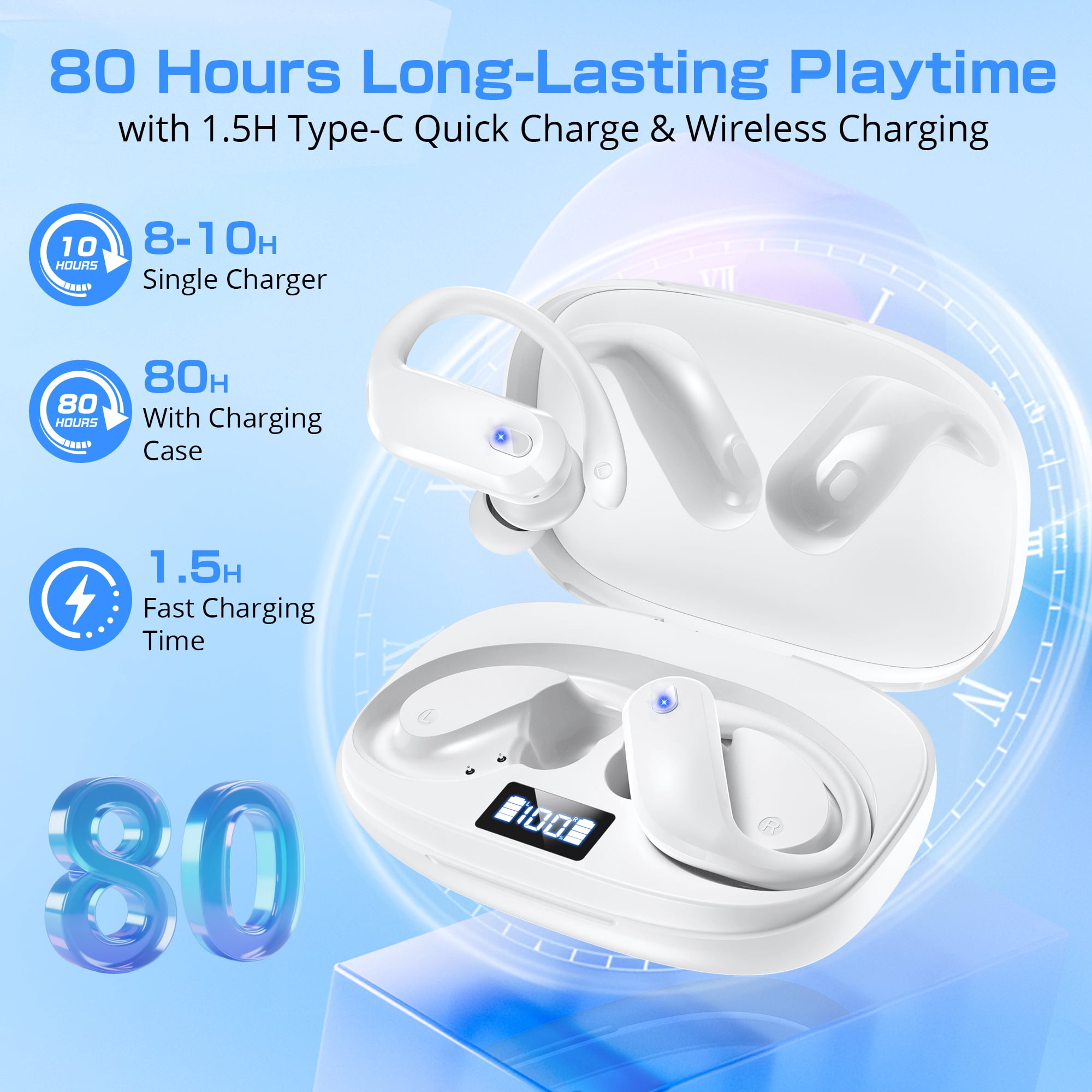 Wireless Earbuds Bluetooth 5.4 Headphones Sport, IPX7 Waterproof Earphones with Earhooks, 80H Playtime, Fast Charging Case, Noise Cancelling Mic, Lightweight Bluetooth Earbuds for Running Gym