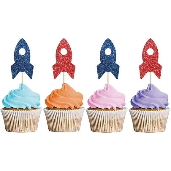 12pcs Rocket Ship Cupcake Toppers, Baby Shower Party Decor for Boys, Astronaut Dessert Picks, Outer Space Themed Birthday Party Decoration - Navy Blue & Red Glitter