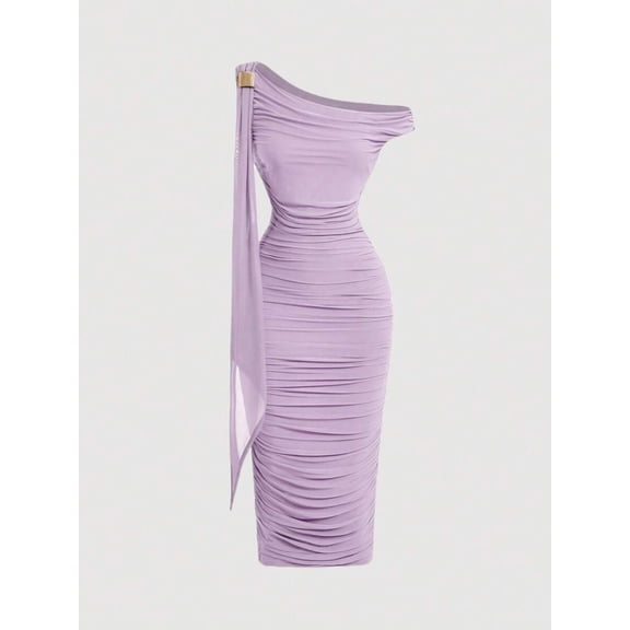Lilac Purple One-Shoulder Ruched Asymmetric Midi Sheath Dress