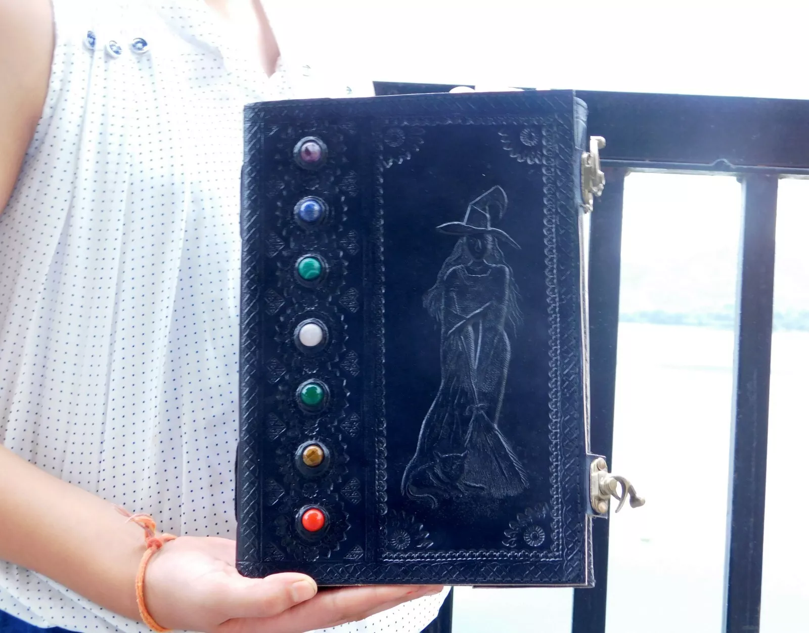 Handcrafted Embossed Witch Design Vintage Leather Bound Journal Seven Stone Grimoire Diary Blank Notebook For Men & Women