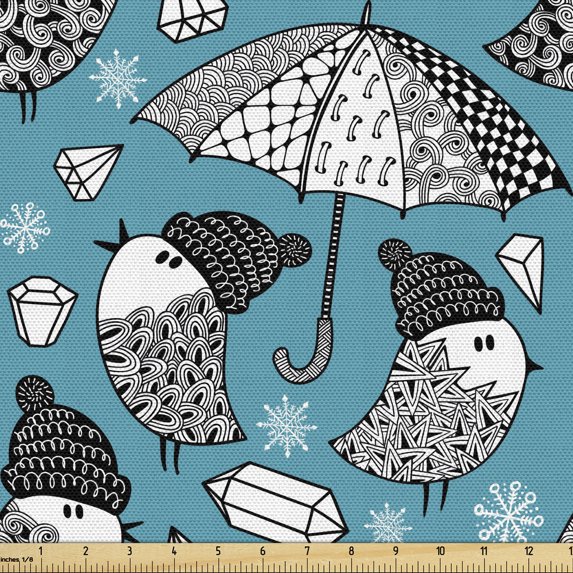 Hipster Upholstery Fabric by the Yard, Abstract Ornamental Style Birds Pattern Umbrellas Diamonds and Snowflakes Images, Decorative Fabric for DIY and Home Accents, Multicolor by Ambesonne