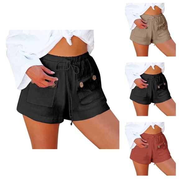 Shorts for Women 2026 Summer Cotton Linen Elastic Waist Wide Straight Leg Casual Beach Shorts with Pockets