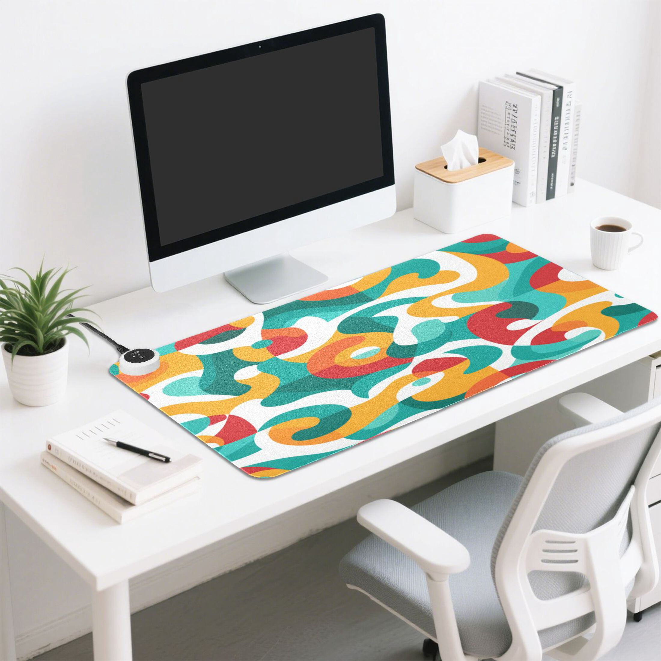 Large Heated Desk Mat Mouse Pad 31.5"x13"PU Leather Graphene Heating Desk Warmer with 3 Temperature Settings 110V US Plug Non-Slip Warm Pad for Home, Office, and Gaming Waves Of Tropical Color