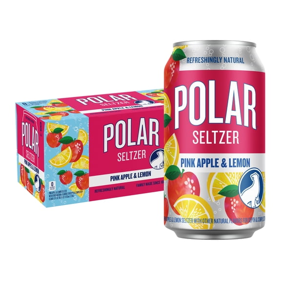 Polar Zero Calorie Pink Apple and Lemon Sparkling Seltzer Water, 12 fl oz, 8 Pack Cans
