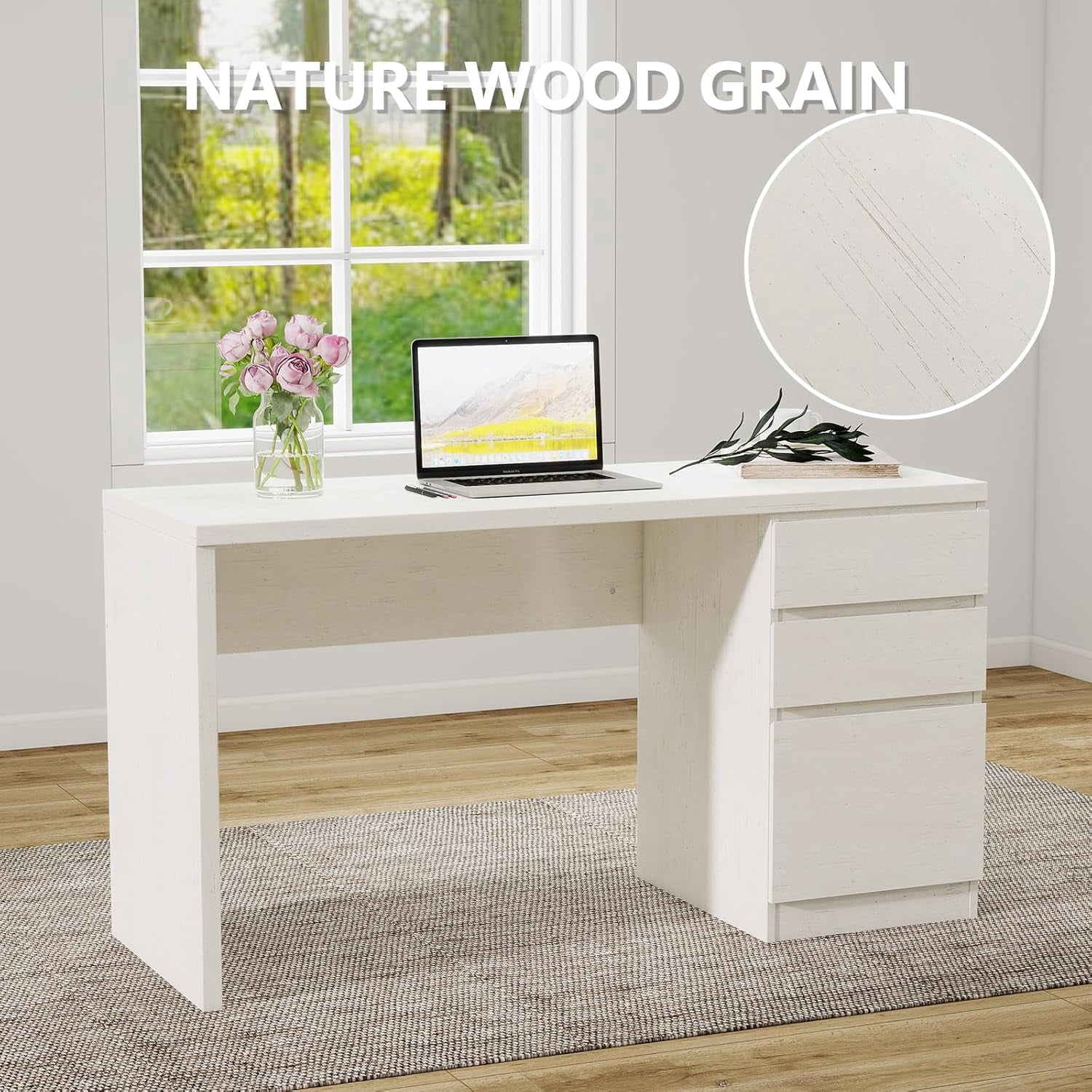 LAZZO 53" Computer Desk with 3 Drawers, Executive Writing Desk with File Storage Drawer for Home Office, White