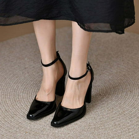 

Binmer Women s Pointed Toe Chunky Heels 12Cm High Heels Shoes Metal Buckle Solid Color High Heels Shoes