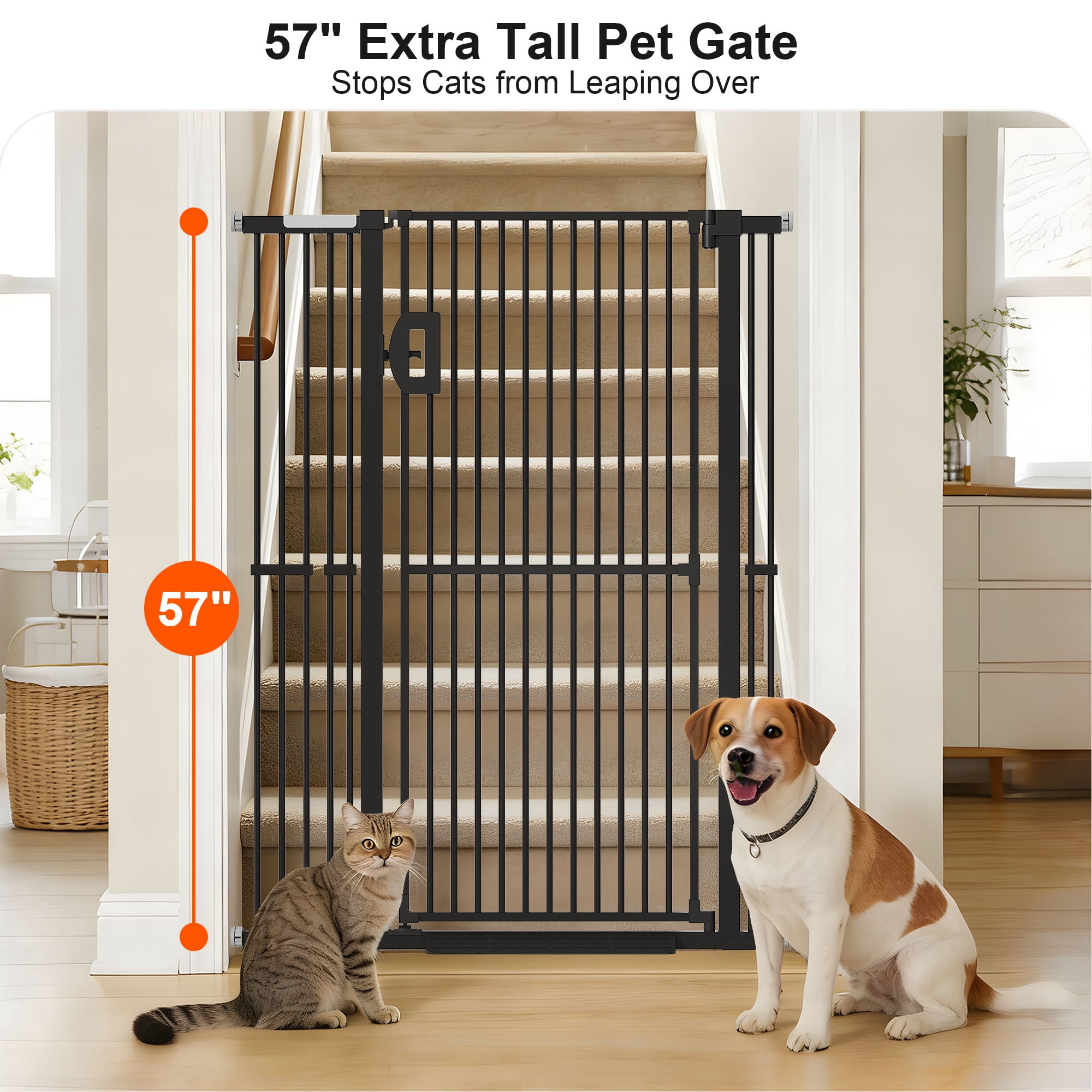AOPEC 57" Extra Tall Pet Gate, Auto Close Dog Door Pressure Mounted No Drilling for Doorways, Hallways, Stairs, Expandable 27.5"-38.5" Wide, Narrow 1.18" Spacing for Small Dogs & Puppies, Black