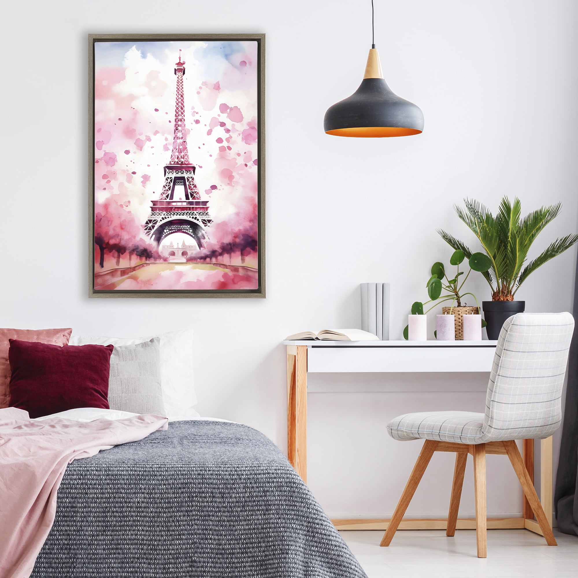 Stupell Industries Blush Watercolor Eiffel Tower Brown Framed Floater Canvas Wall Art, design by Creative Studio