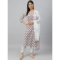 thumbnail image 1 of Janasya Indian Women's White Cotton Floral Block Print Kurta with Pant and Dupatta, 1 of 10