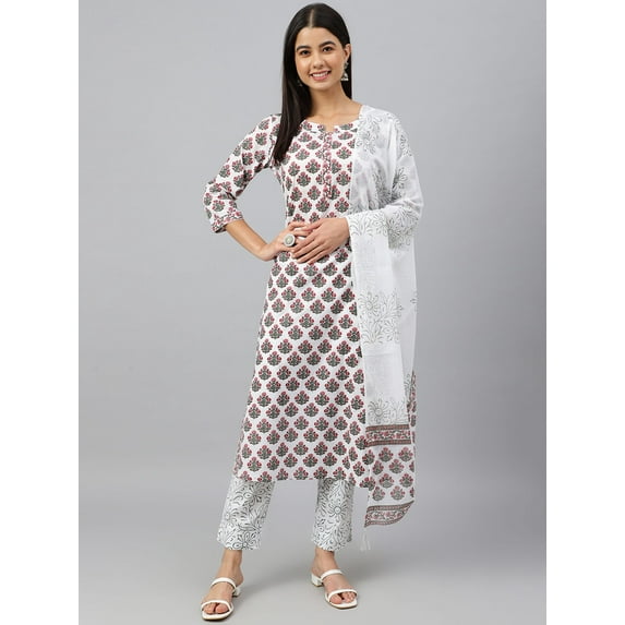 Janasya Indian Women's White Cotton Floral Block Print Kurta with Pant and Dupatta