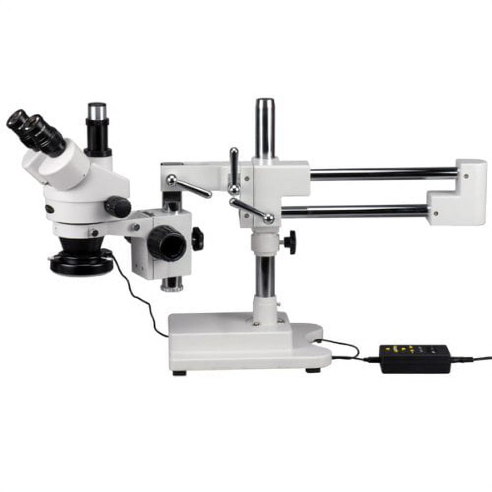 Produktbild von AmScope SM-4TZZ-144A-5M – Trinokulares Stereomikroskop 3,5X–180X Mit 144-LED-Ringlicht, 5-MP-Kamera Und Doppelarm-Ausleger