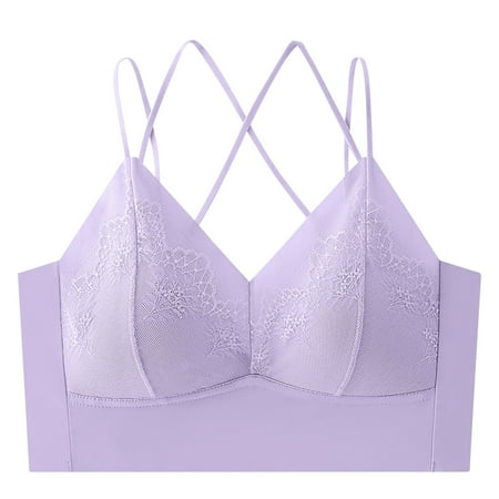 Yyeselk Bralettes for Women Crisscross Back Strappy Sports Bra Push Up Wireless Spaghetti Strap Sexy Bras Soft Comfort No Underwire Yoga Bra Purple L
