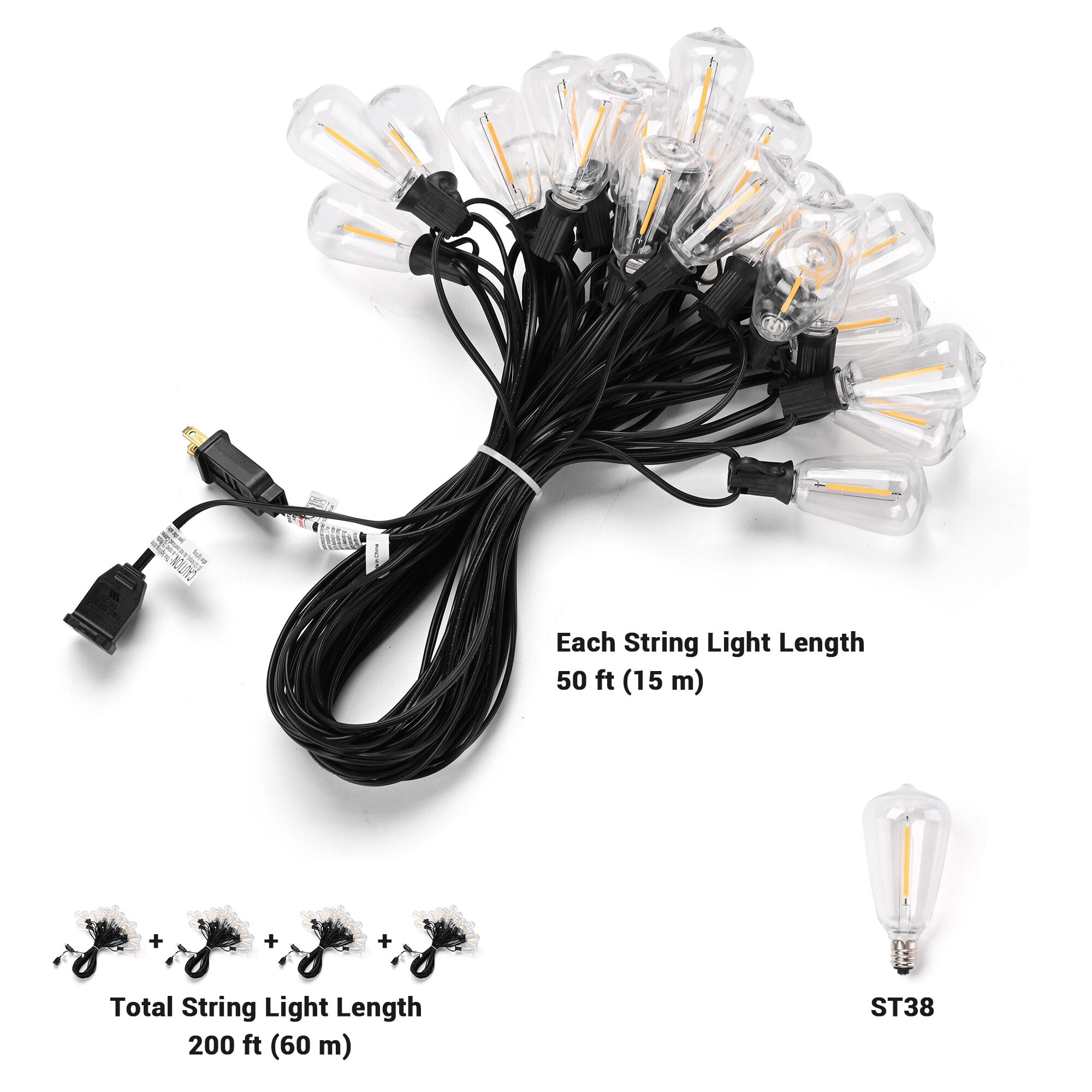 Yescom 200Ft Commercial LED Outdoor String Lights with 104 Shatterproof ST38 Vintage Edison Bulbs IP44 Waterproof Dimmable UL Listed for Wedding Event