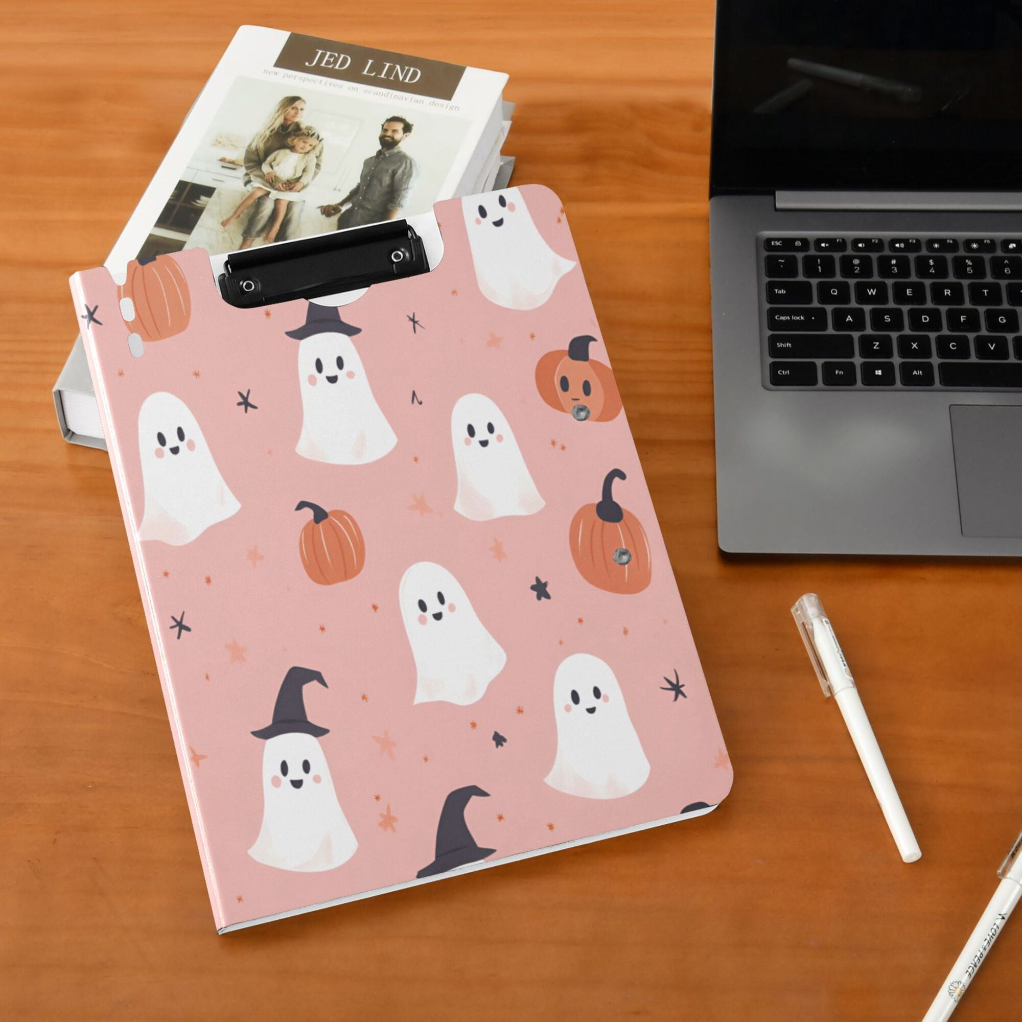 FORMRS A4 Clipboard Folder with Pen Holder Horizontal Foldable School Office Binder, Pink Cartoon Halloween