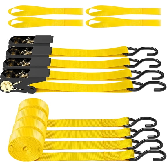 Ratchet Straps, 1500 lbs Breaking Strength - Premium 4X 15ft Tie Down Strap Set, 4X Soft Loops for Moving Appliances, Lawn Equipment, Motorcycle (Yellow)