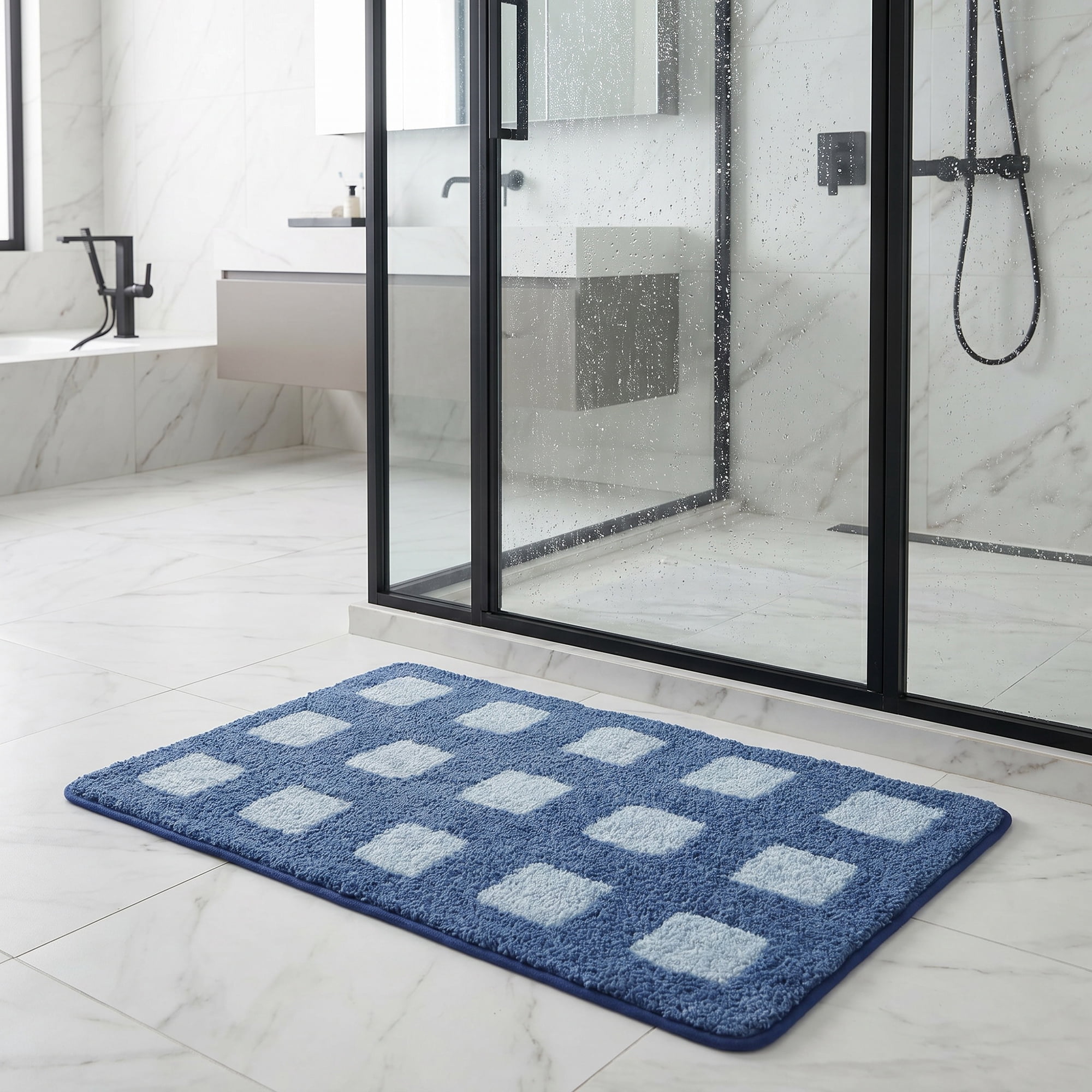 Unique Bargains Absorbent Non Slip Checkered Soft Plush Quick Dry Bath Mat Blue 24" x 16"