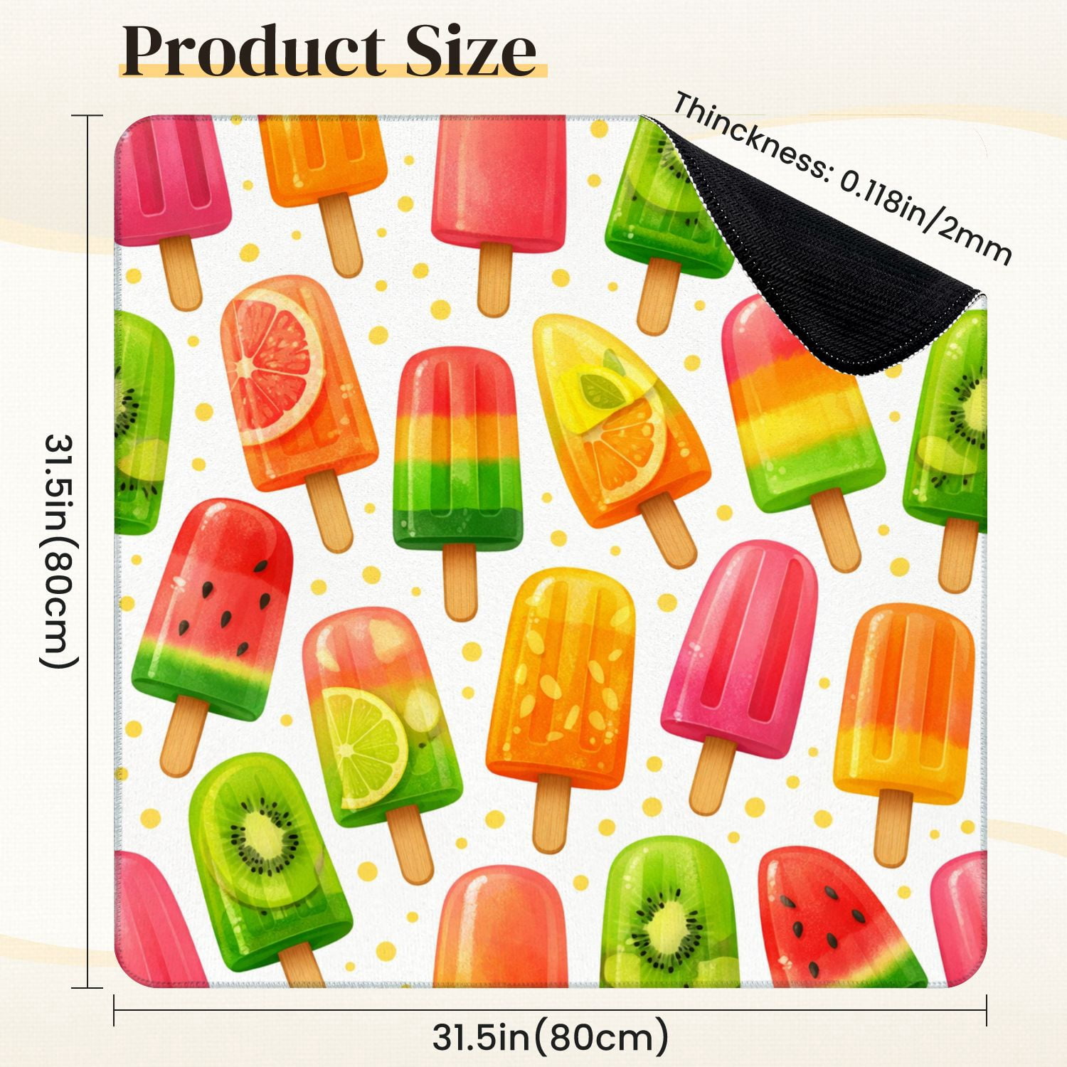 Mahjong Mat 31.5" x 31.5" Colorful Popsicle Fruit Flavors White Anti-Slip and Noise Reduction Symmetry Design Mahjong Tiles Table Cover for Dominoes Poker Card Board and Tile Games