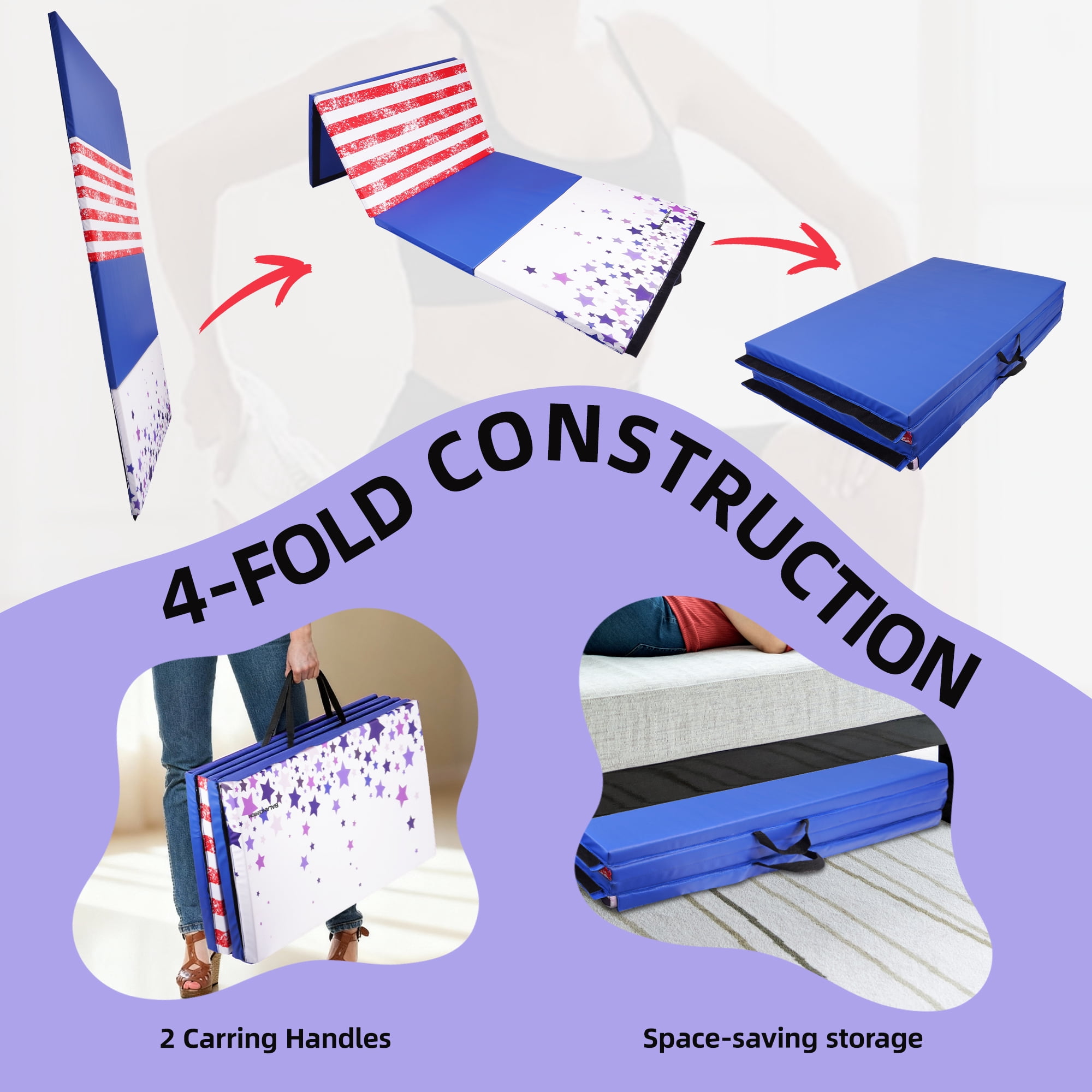 Signature Fitness 4ft x 10ft x 3in Folding Gymnastics Mat, 4-Panel Extra Thick Exercise Mat with Handles, PVC Leather + EPE Foam, Multiple Colors