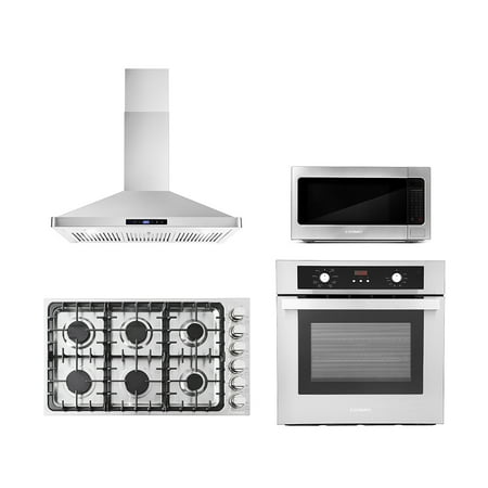 Cosmo 4 Piece Kitchen Package 36  Gas Cooktop 36  Wall Mount Range Hood 24  Single Electric Wall Oven & 24.4  Countertop Microwave