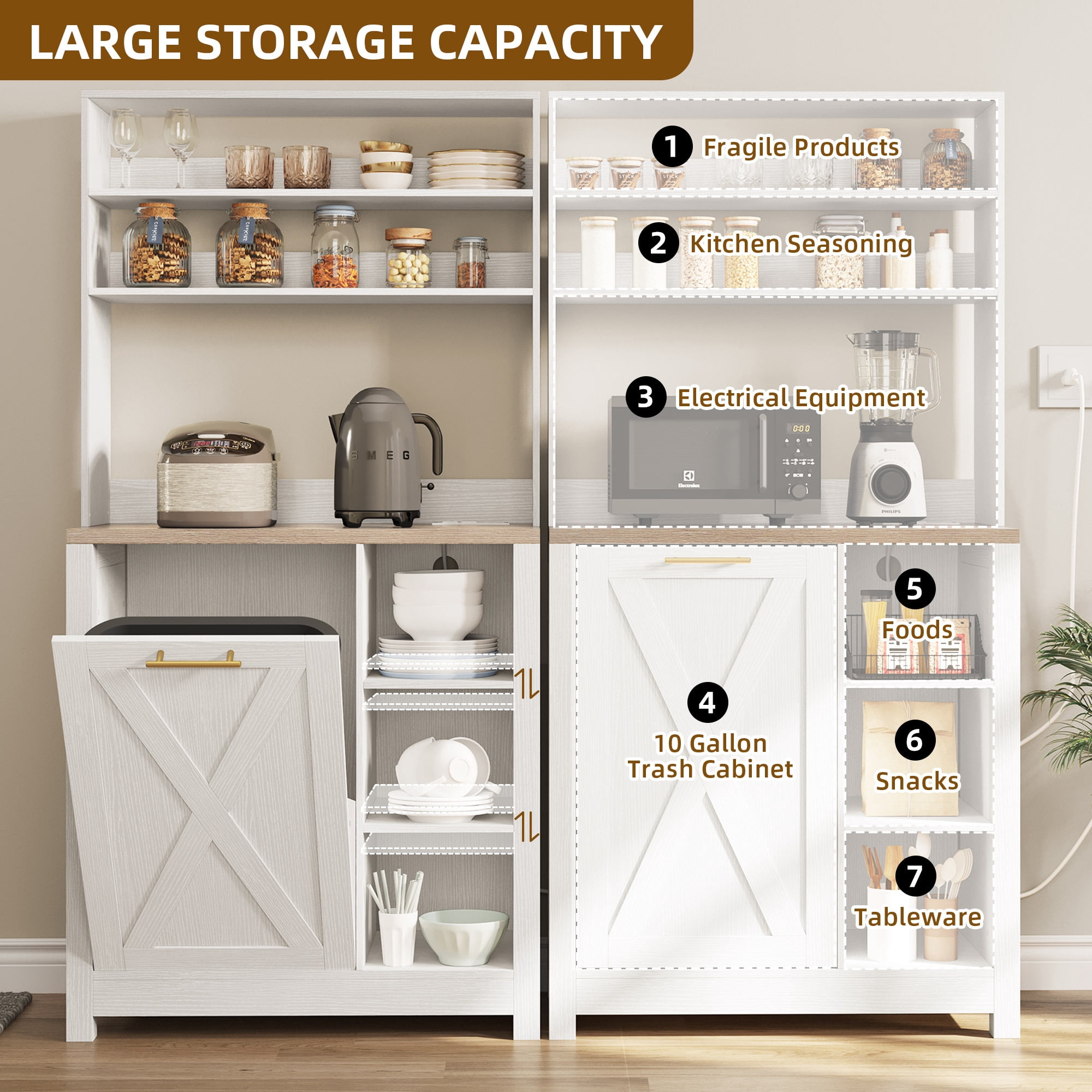 Uforic Bakers Rack with Shelves & Power Outlets, 6-Tier Microwave Stand with Trash Bin Cabinet, White