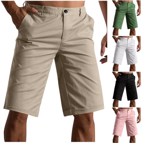 Eltusu Men's Golf Shorts, Straight Legs Knee Length Elastic Waisband Cotton Summer Dress Shorts Khaki Size L