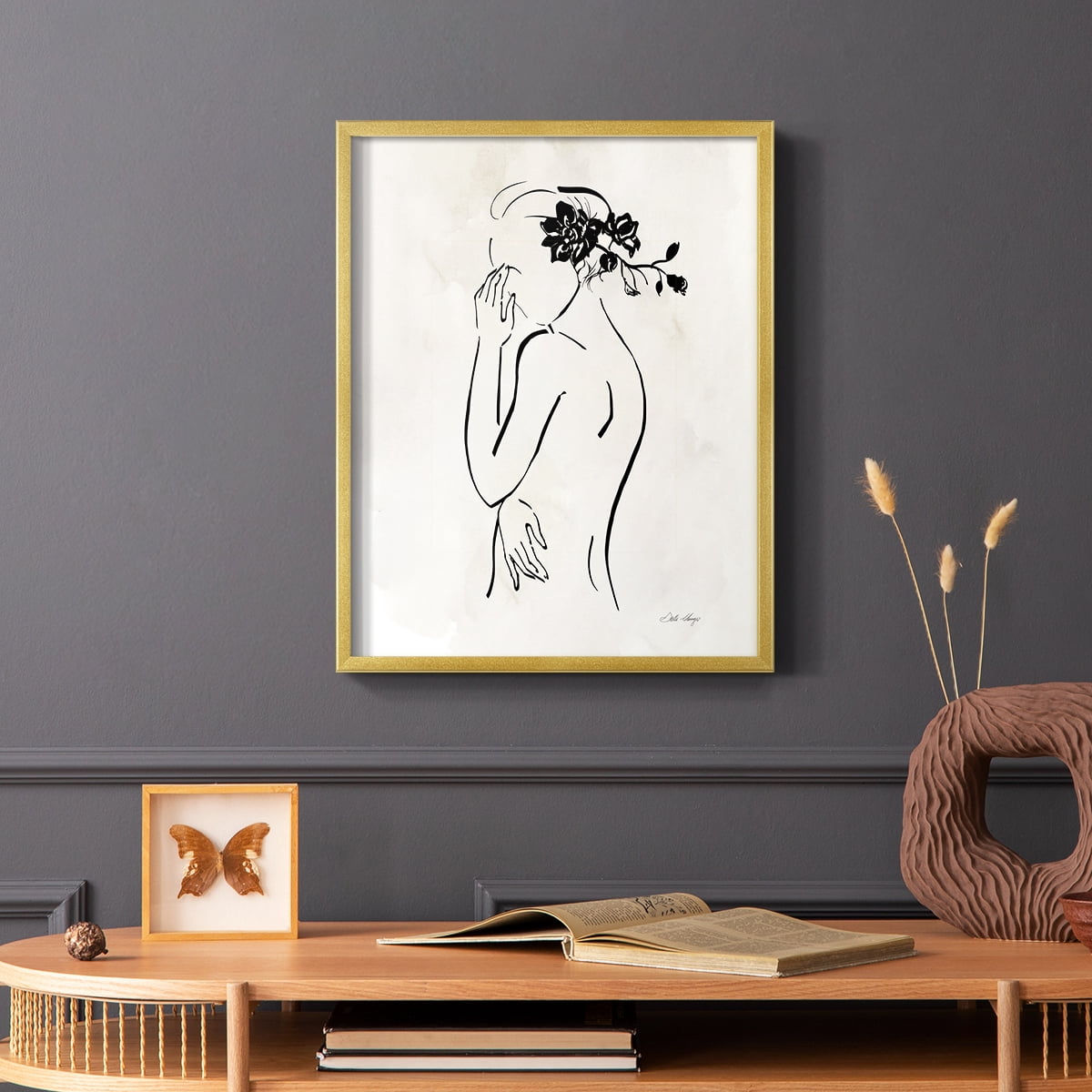Romantic Line Art II in Gold Solid Wood 11 x 14 Framed Print