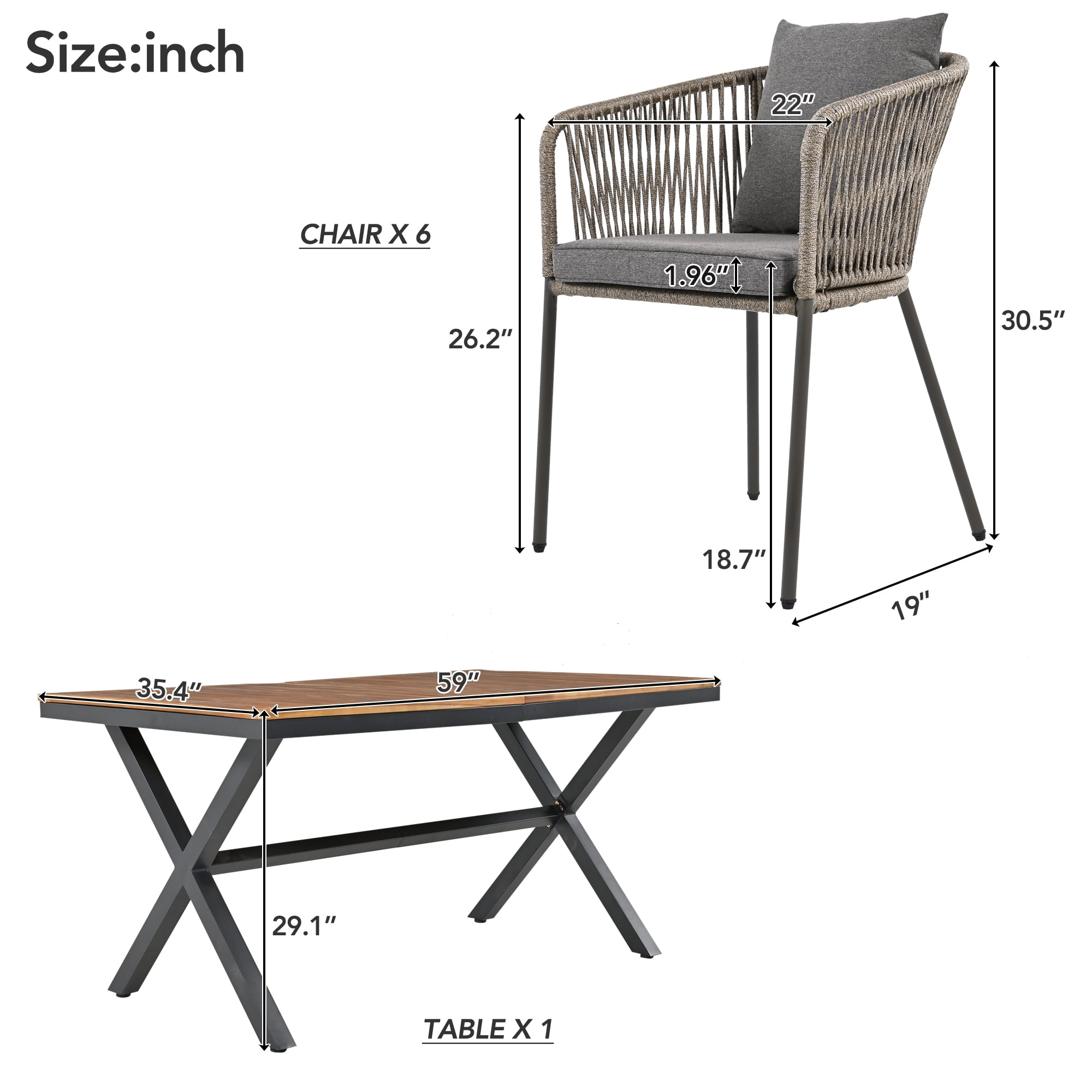 7 Pieces Outdoor Patio Dining Set for 6, All-Weather Outdoor Furniture Set with Dining Table and Chairs for Garden, Backyard, Balcony, Grey