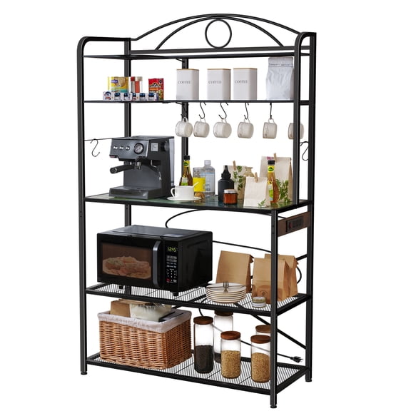 Large Bakers Rack for Kitchen, 40-inch Wide Coffee Bar Station with Power Outlet, 5 Tier Microwave Stand Storage Shelf with S-Shaped Hooks, Metal Frame with Coloured Glass Tabletop