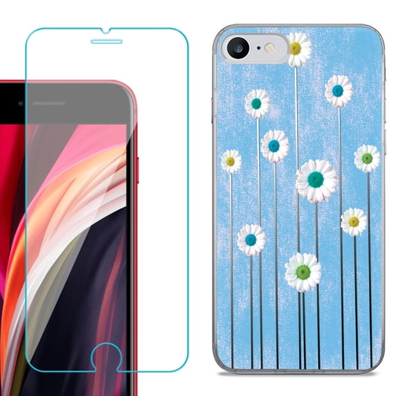 Slim-Fit Fashion Gel Phone Case for iPhone SE 2022, with Tempered Glass Screen Protector, by OneToughShield ® - Daisy Sky