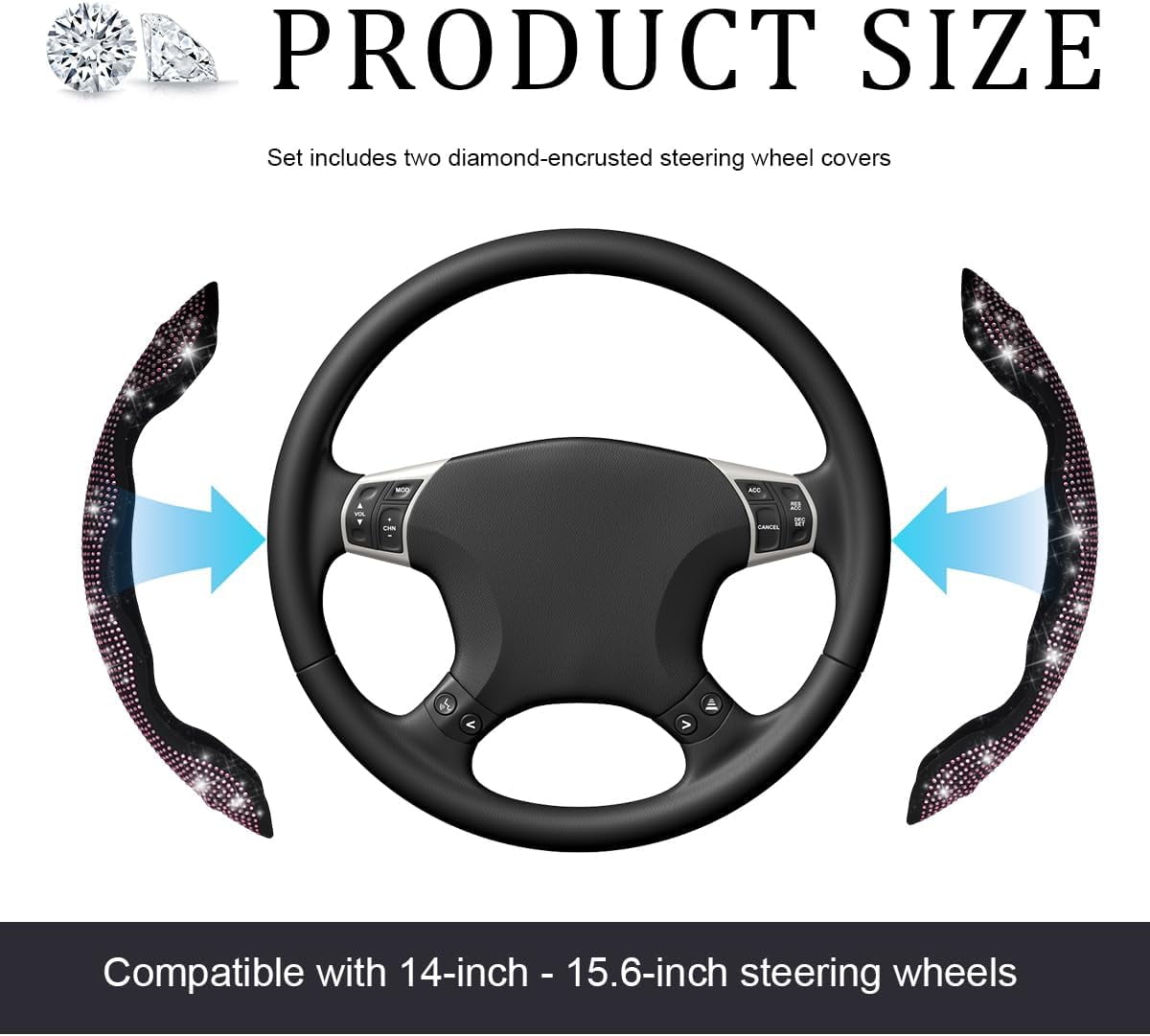 2 PCS Steering Wheel Cover, 15 Inches Crystal Diamond Bling Cover for Auto Steering Wheels, Safety Non-Slip Universal Fit Sparkly Steering Wheel Cover, Car Accessories (Pink)