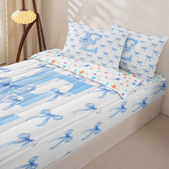 Homewish Bow Letter E Zipper Twin Comforter Sets with Fitted Sheet and 2 Pillowcases for Girls Kids, Blue Watercolor Zipper Bedding Set, Stars Reversible, 4-Piece