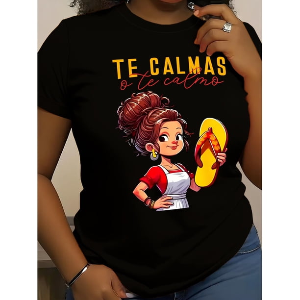 1pc Mexican Mom Funny Print T-Shirt, Cotton Casual Crew Neck Short Sleeve Tee, Regular Fit Knit Fabric, all-Season Pullover with Slight Stretch - Black