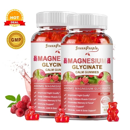 Magnesium Glycinate Gummies 600mg - Sugar Free Magnesium Potassium Supplement - for Calm Support & Sleep for Adults- 60 Raspberry Gummies(2 Pack)