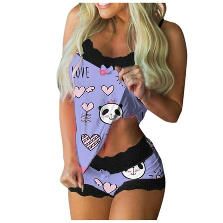 

wendunide underwear women Women Print Pajamas Sleeveless Lace Cami Shorts Lingerie Sleepwear Set Purple XXXXXL