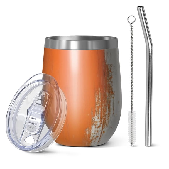 12oz Stemless Wine Tumblers Orange and Grey Abstract Art Artwork Vacuum Insulated Stainless Steel Travel Tumbler Cups Mug with Lid and Straw for Champaign,Cocktail,Beer with Cleaning Brush