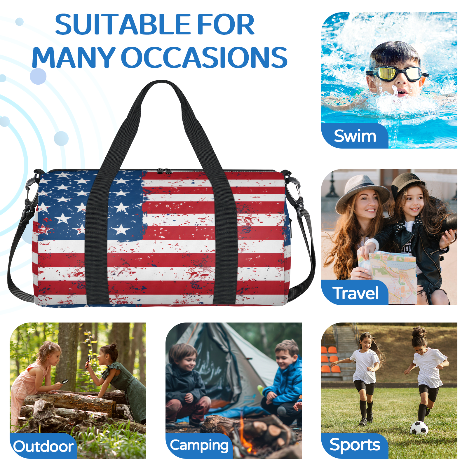 Herdesigns USA Flag Travel Duffle Bag Sports Yoga Weekender Overnight Carry on Workout Bags Lightweight Waterproof Gym Tote Bag for Women Vintage USA 4th of July