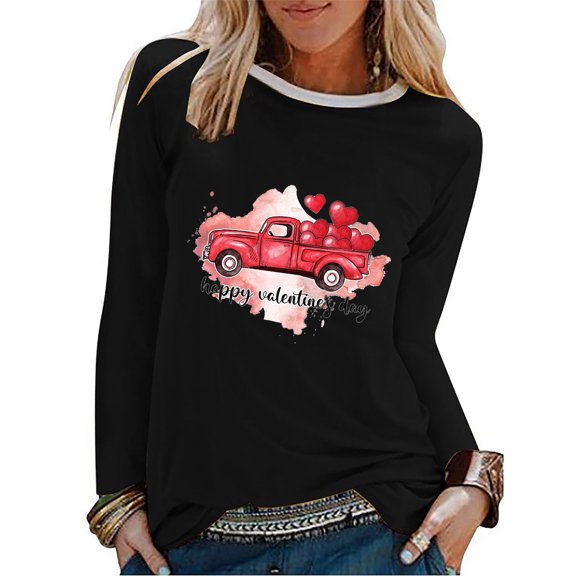 Baqcunre Valentine'S Day Shirts For Women Long Sleeve Crewneck Top Print Pullover T Shirt(Black S-XXL),Long Sleeve Shirts For Women Graphic Tees For Women Holiday Tops For Women 2023 Womens Tops