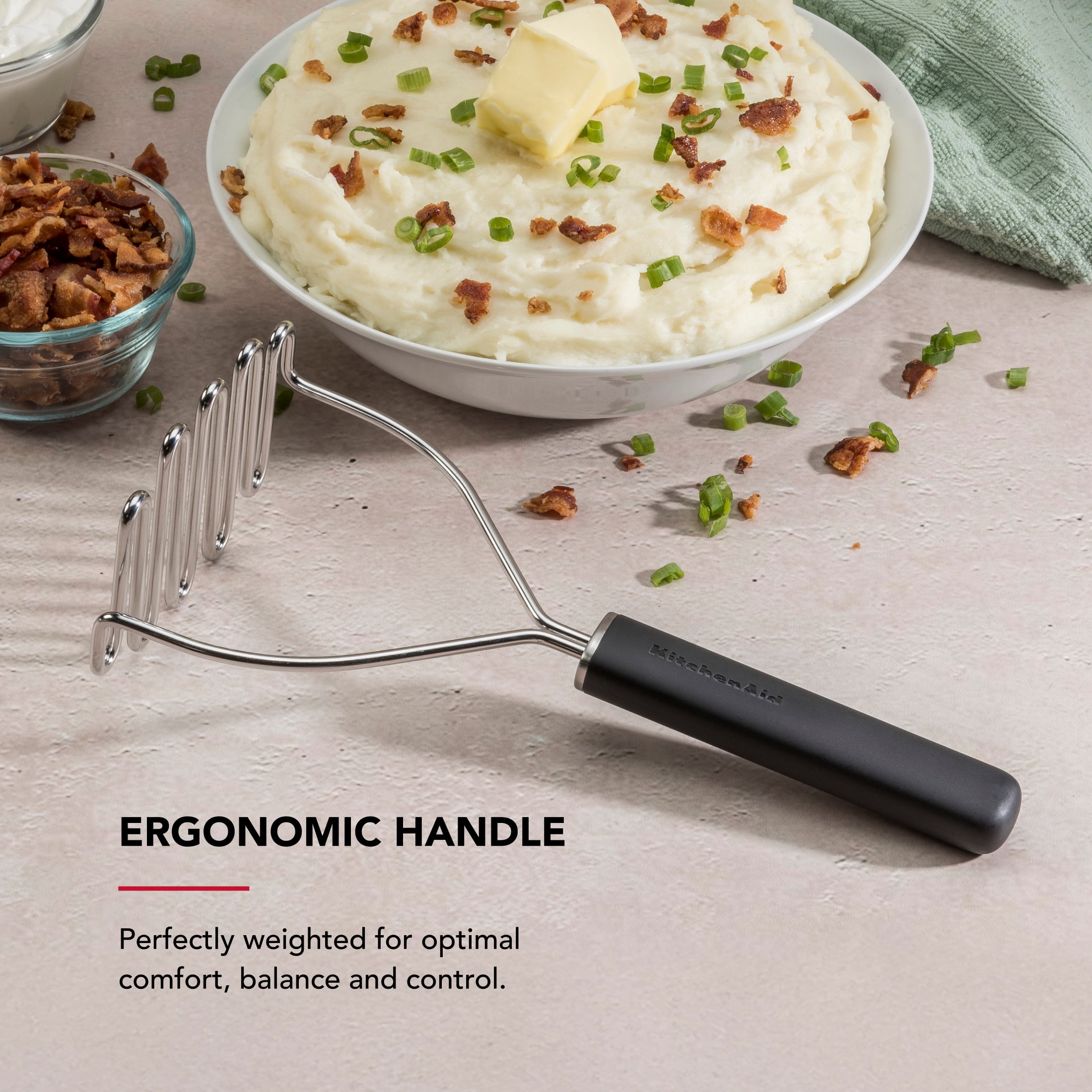 KitchenAid Stainless Steel Potato Masher with Ergonomic Handle, Black