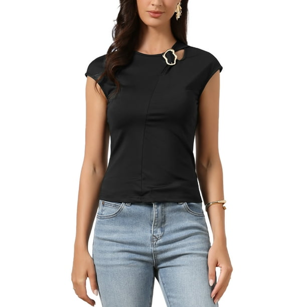 Camisetas de manga corta INSPIRE CHIC para mujeres, elegantes y casuales, cuello redondo, ajuste slim, talla XS, color negro