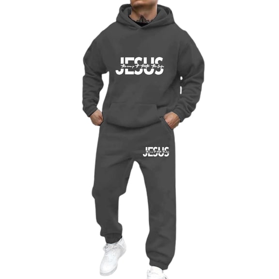 Aihuaihua Jesus Sweat Suits for Men Christian Letter Print Fall Winter Outfit Religious Pullover Hoodie Sweatshirt and Jogger Trackpant Tracksuit 2 Pieces Set Dark Gray M