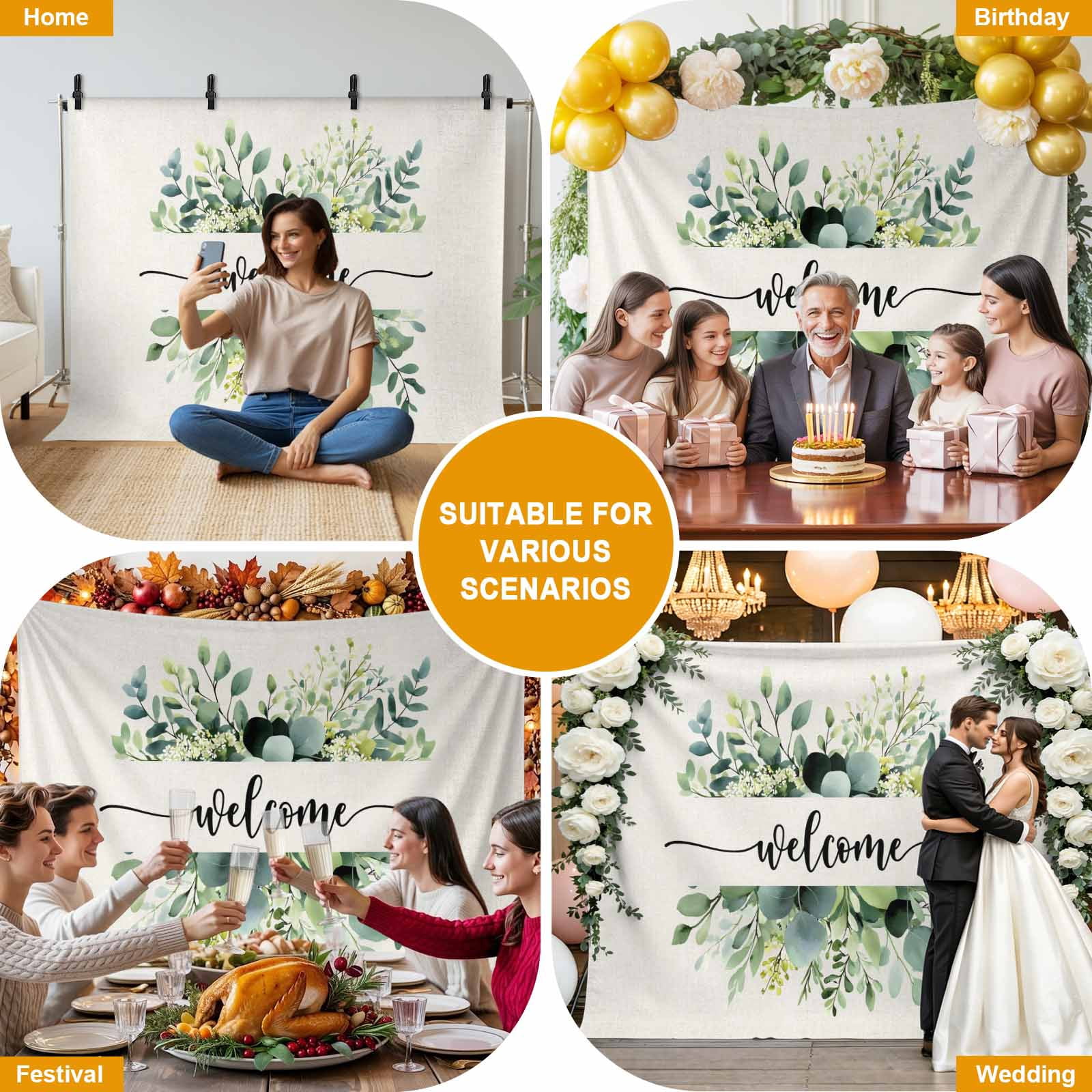 Welcome Eucalyptus Leaves Photography Backdrop 7x5FT, Linen Texture Vintage Photo Backdrops, Background for Photography Studio Photo Studio Background, Back Drop for Photoshoot