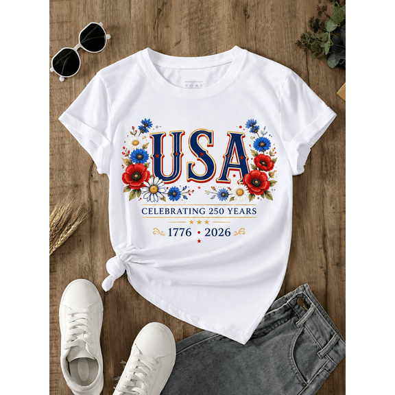 USA 250 Years Floral T-Shirt for Women, Patriotic 1776-2026 Graphic Tee, Celebrating 250 Years Independence Day Shirt, Red White Blue Flower Fourth of July Top