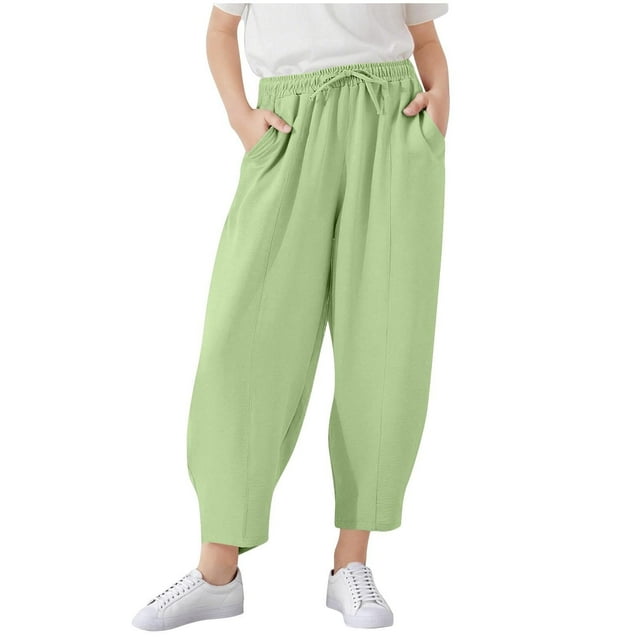 MIASHUI Pantalons Droits pour Filles, Bas Décontractés, Taille Élastique avec Cordon, Vert, 15-16 Ans