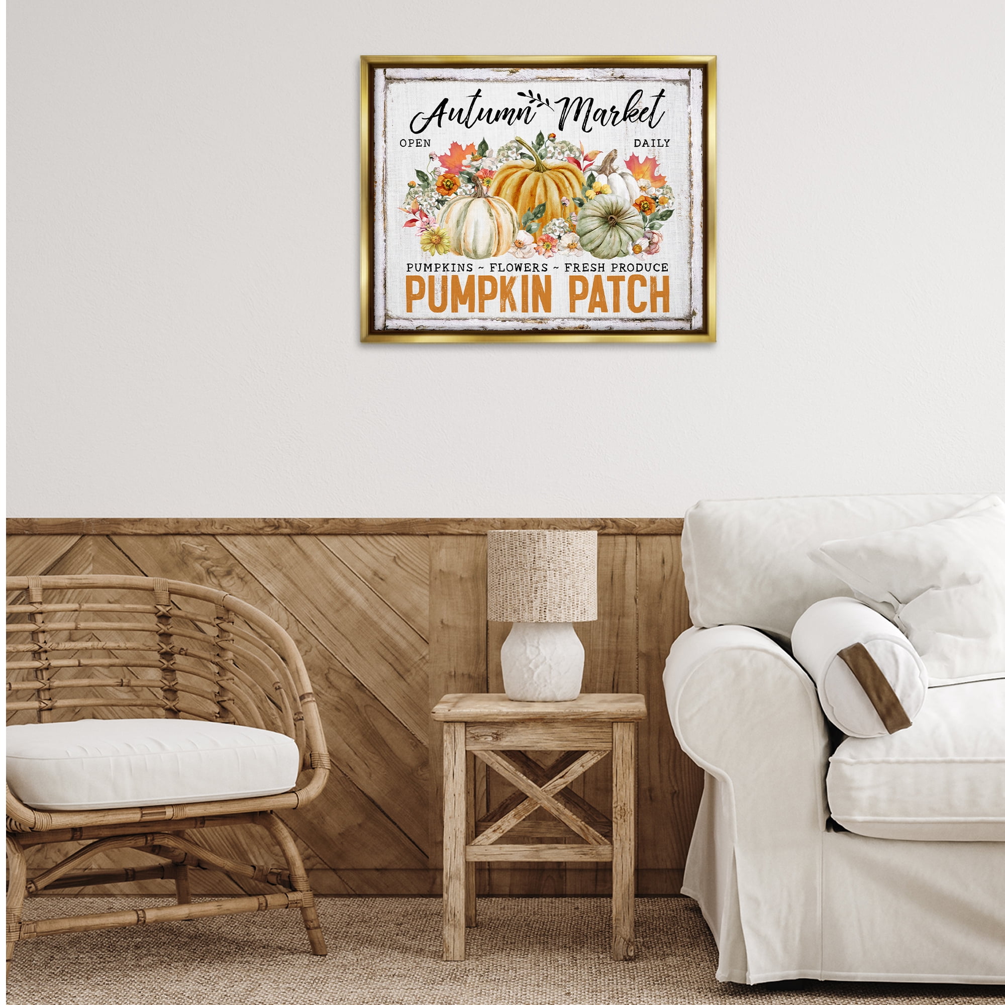 Stupell Industries Rustic Autumn Market Holiday Painting Gold Floater Framed Canvas Art Prints Wall Art, 31 x 25