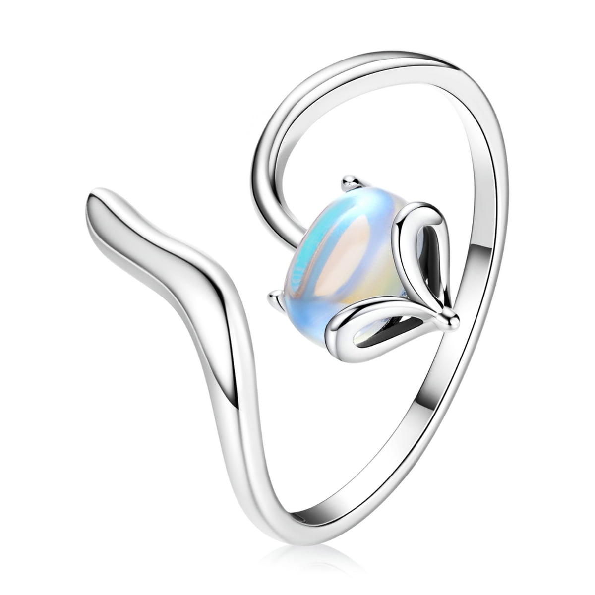 Bamoer 925 Sterling Silver Moonstone Fox Open Ring Jewelry Gift Fit Women